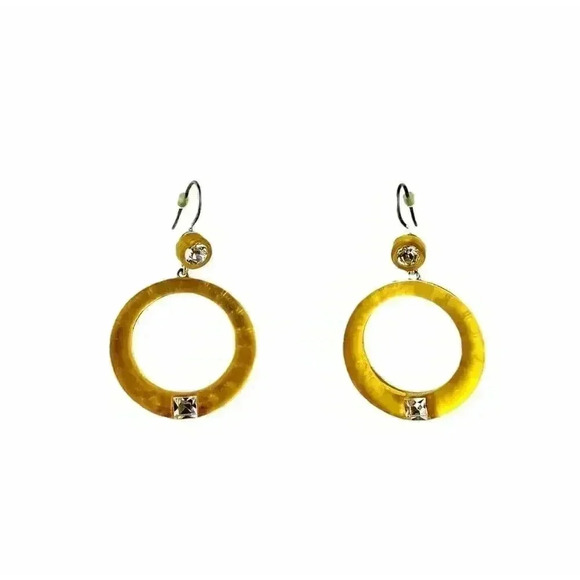 VTG Retro Yellow Frosty Resin Earrings Rhinestones Round Dangle Silver Tone - Picture 7 of 8